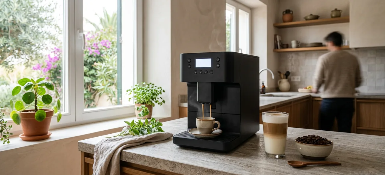 Una cafetera superautomática sirviendo un espresso en la encimera de piedra de una cocina luminosa, junto a un latte macchiato y un cuenco de café en grano