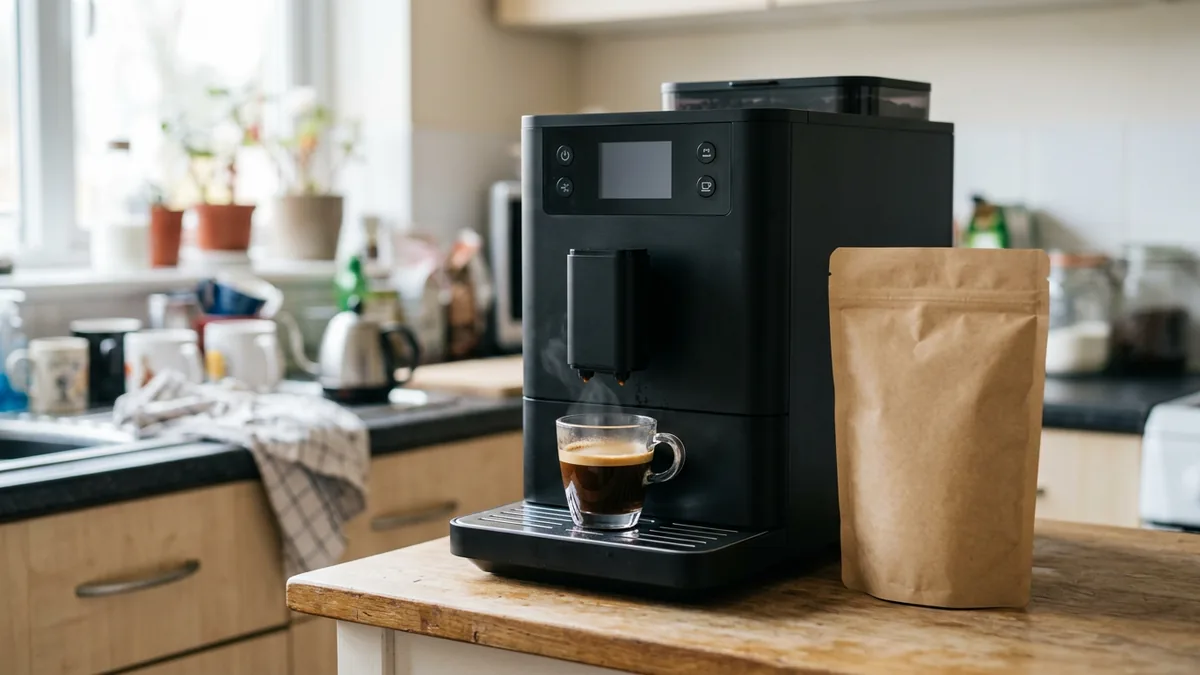 Una cafetera superautomática compacta y negra con un espresso en taza de cristal, junto a una bolsa de café en grano en la cocina de un piso