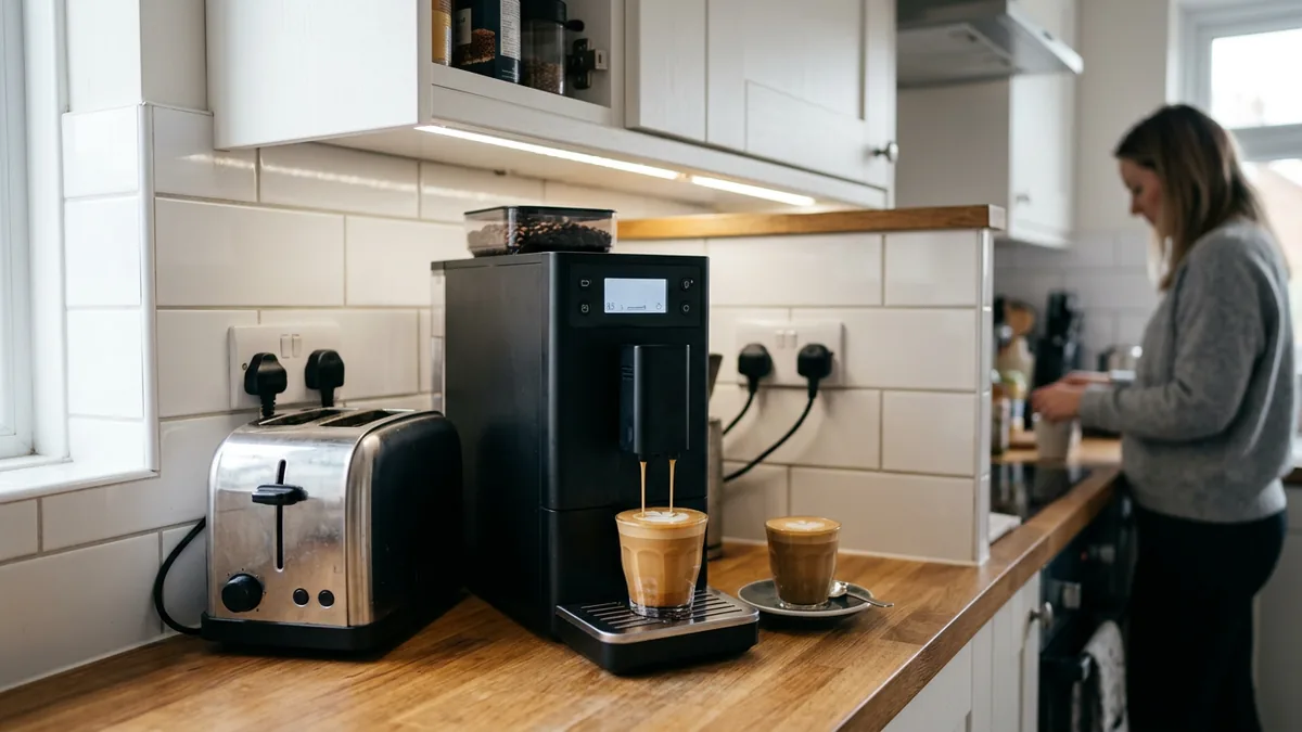 Una cafetera superautomática estrecha en un hueco pequeño de la encimera, entre una tostadora y la pared, con un cortado bajo la salida