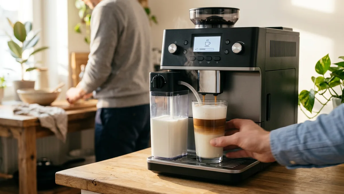 Una cafetera superautomática con jarra de leche transparente preparando un latte macchiato en un vaso alto sobre la encimera