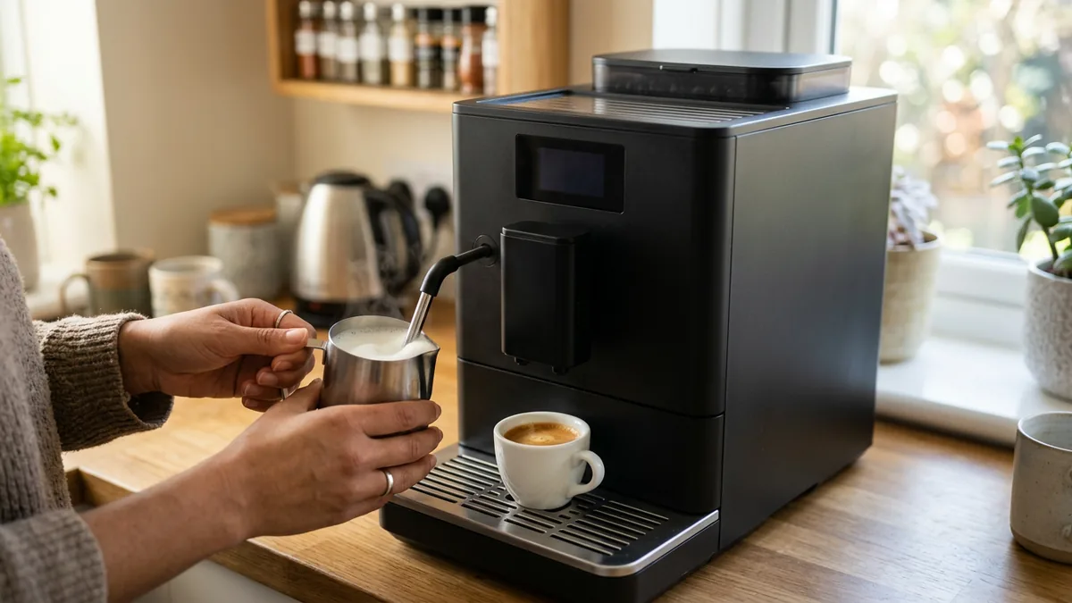 Unas manos espumando leche en una jarra de acero bajo el vaporizador lateral de una cafetera superautomática, con un espresso ya servido
