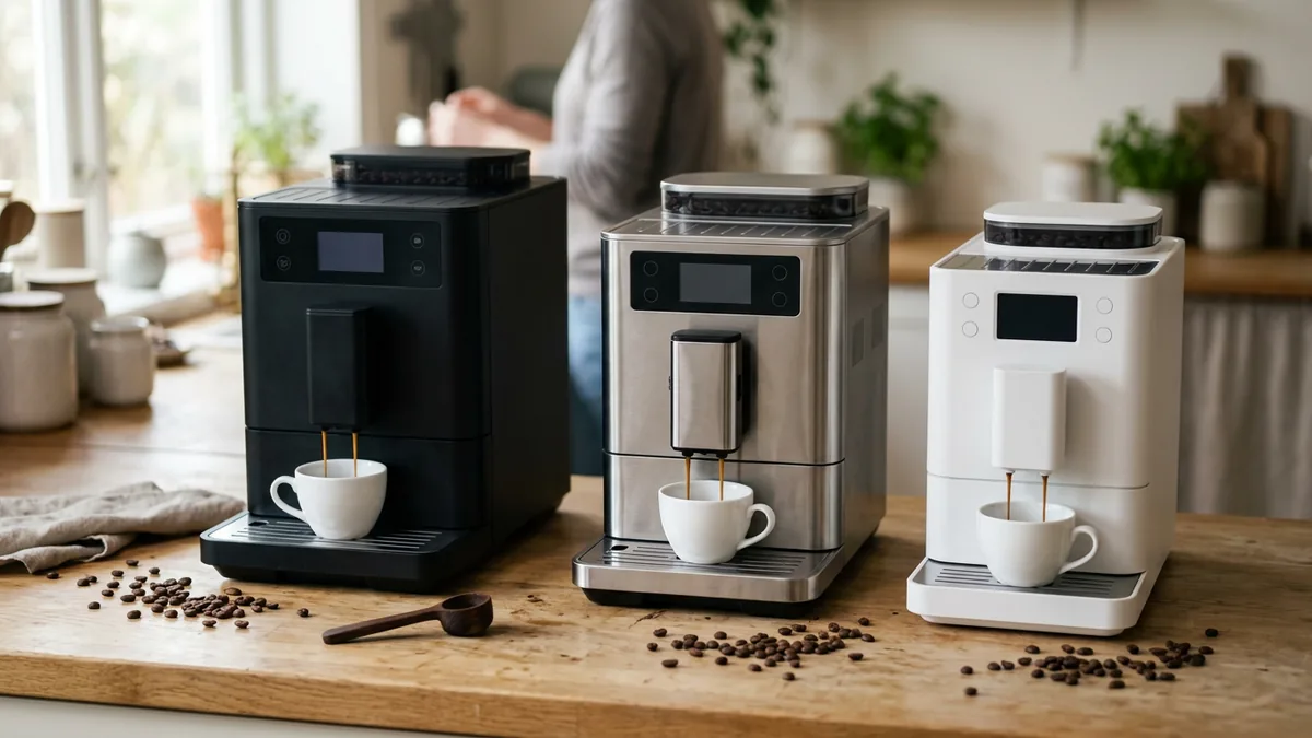 Tres cafeteras superautomáticas negra, plateada y blanca en fila sobre una encimera de madera, cada una con una taza bajo la salida de café