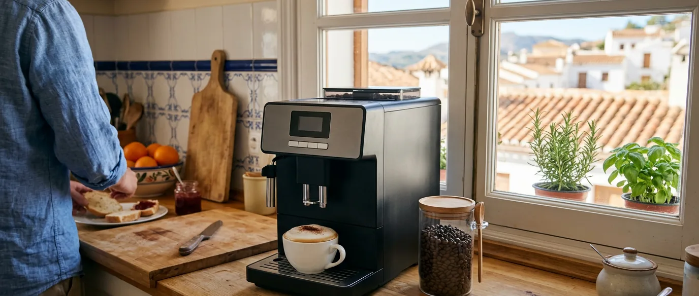 Una cafetera superautomática en la encimera de madera de una cocina con vistas a tejados, con un cappuccino recién hecho y un tarro de café en grano
