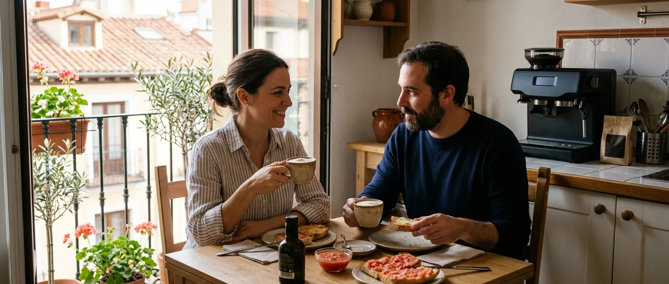 Una pareja desayunando café con leche y tostadas con tomate en la mesa de la cocina de un piso, con la cafetera superautomática al fondo