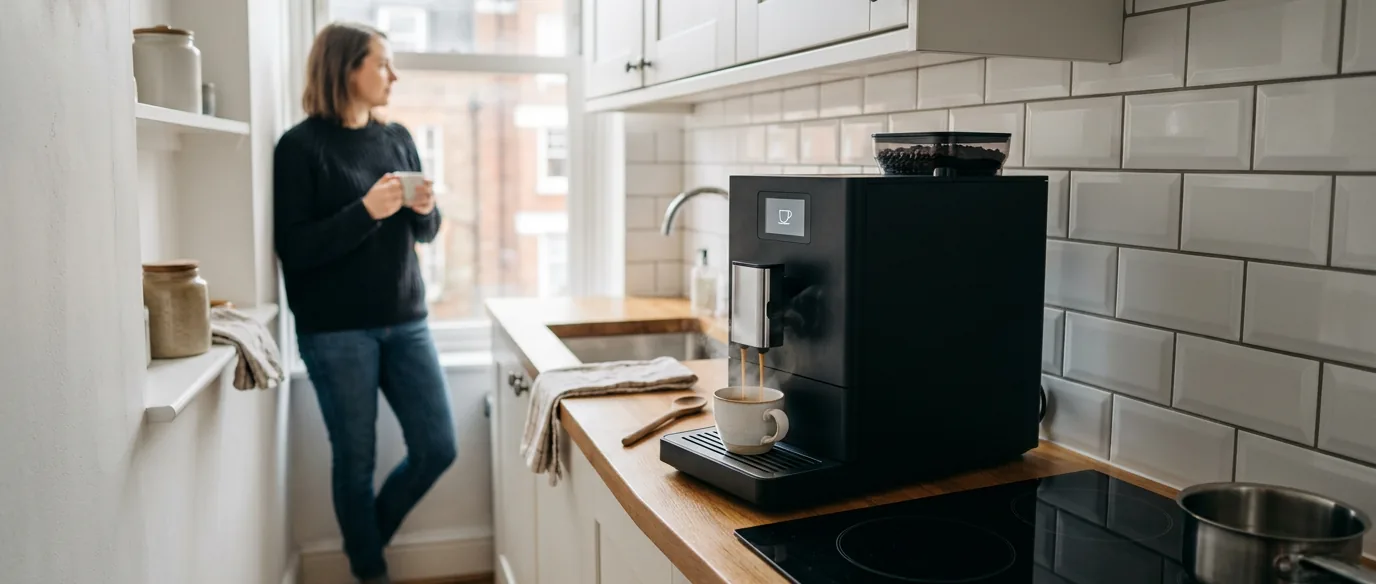 Una cafetera superautomática estrecha en la encimera de una cocina pequeña de azulejos blancos, con un espresso bajo la salida